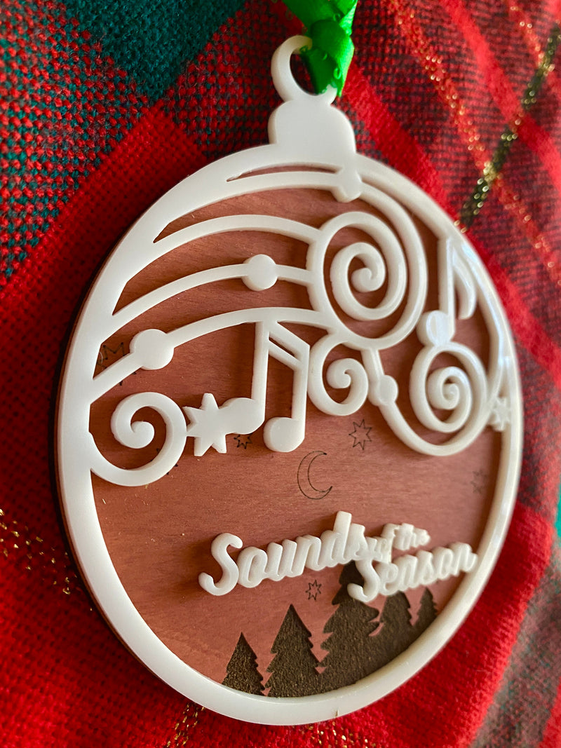 Sounds of the Season Wood Ornament, Layered Acrylic Ornament, Engraved Wood, Music note ornament, Handmade Christmas gift, Music lover gift