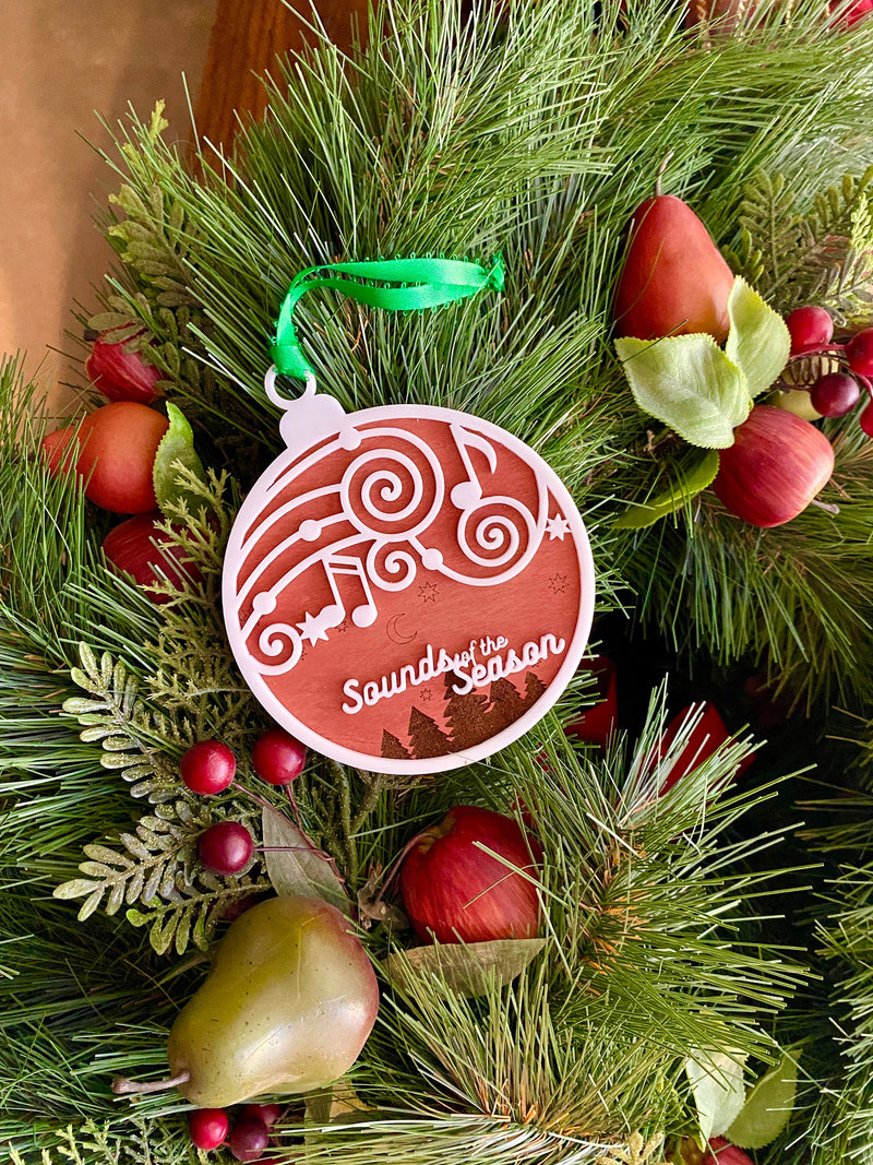 Sounds of the Season Wood Ornament, Layered Acrylic Ornament, Engraved Wood, Music note ornament, Handmade Christmas gift, Music lover gift